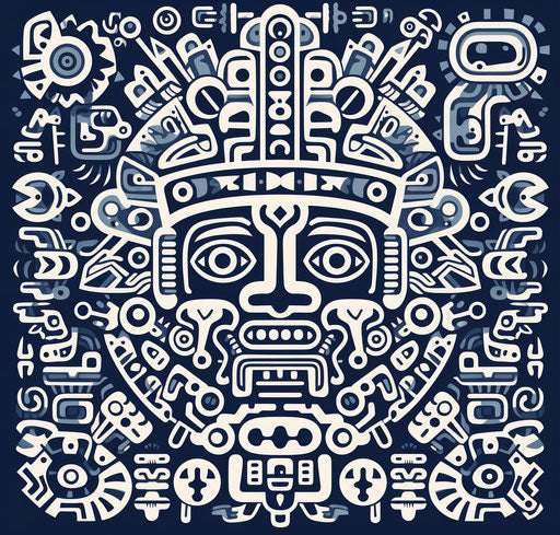 Ethnic icon art, dark white and navy, pre-Columbian style