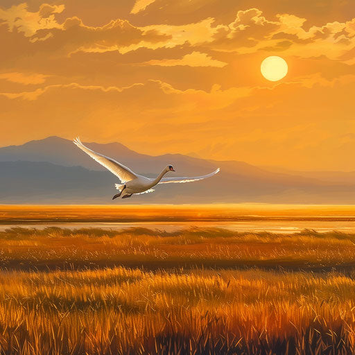 Swan flying over vast golden savannah
