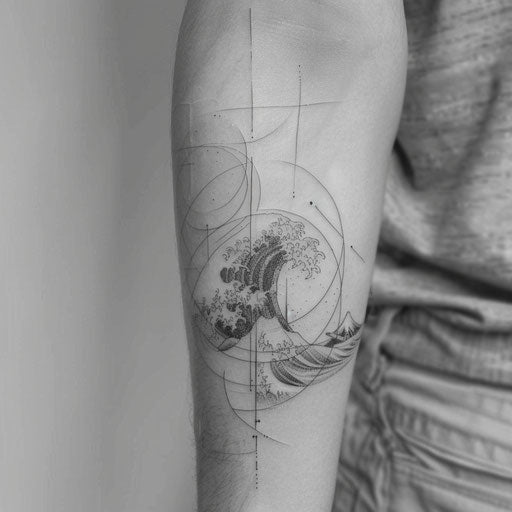 Dramatic geometric tattoo of stormy sea