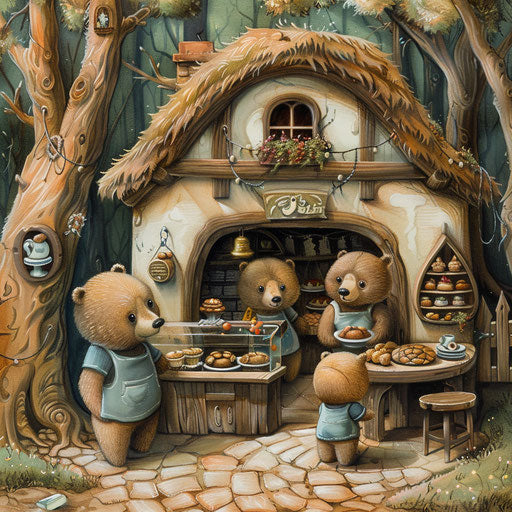 A whimsical scene of bears running a bakery in a quaint village