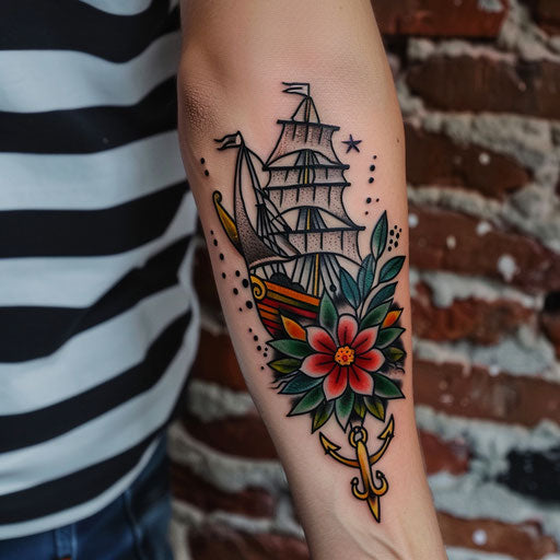 Ship and anchor forearm tattoo in Sailor Jerry style