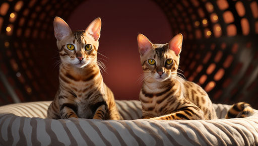 Two spotted Bengal cats on a bed, bold color palette