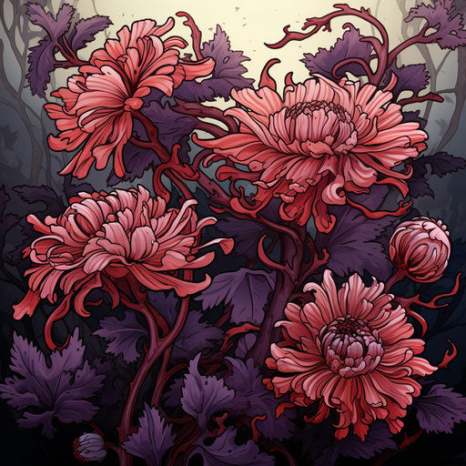 Chrysanthemum flower with red flowers and leaves, ink and color style