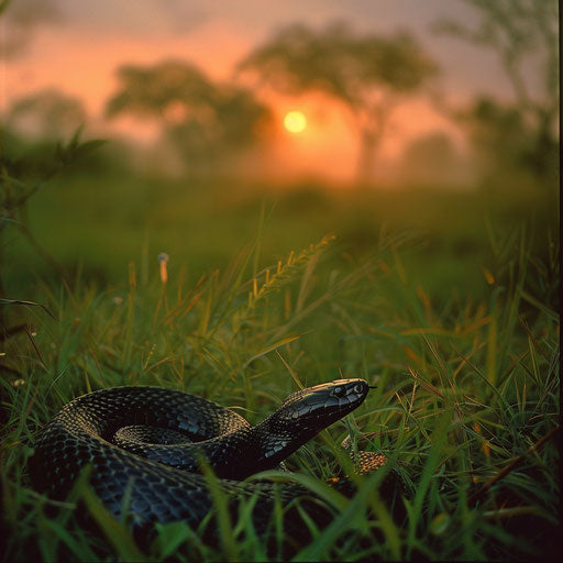 Black mamba snake in lush grassland at dawn