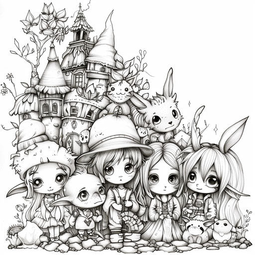 Chibi characters in a fantasy world in the style of Ruben Ireland Coloring book page