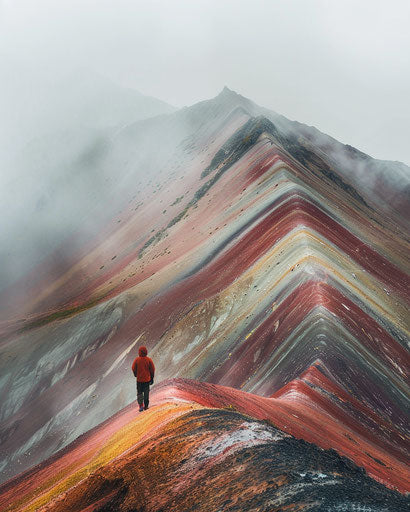 Lonely hiker in the rainbow mountains of Peru