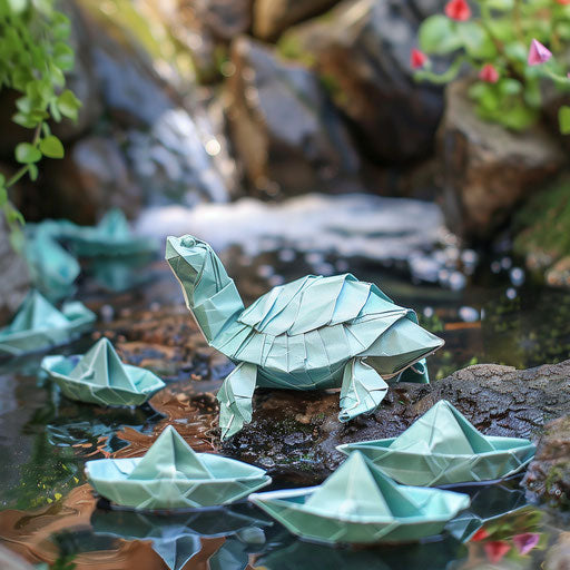 Origami turtle by paper boat stream