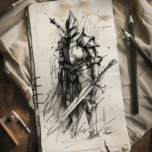 Elegant sketch of a medieval knight in armor with a sword, minimalistic black and white style
