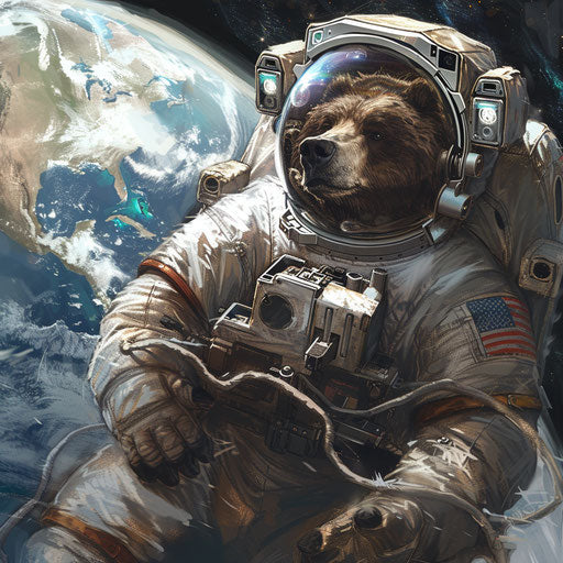 Astronaut bear floating in space with Earth in the background