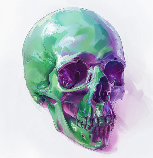 Green and purple skull on white background, text-emoji style