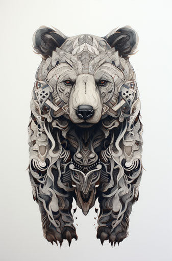 A colored drawing of a bear in a tribal style on white background