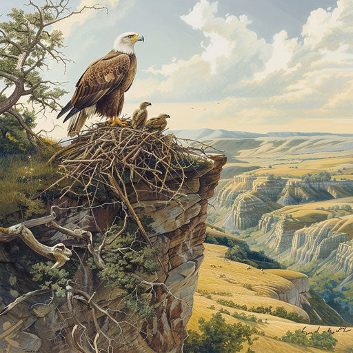 American eagle nesting on cliffside in Great Plains