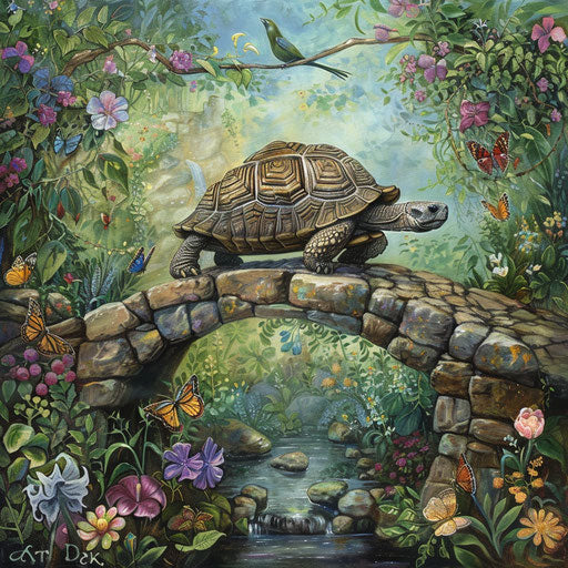 A Texas tortoise crossing a natural stone bridge in a lush garden