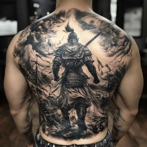 Back neck tattoo men, David Palumbo style, lone warrior stormy sky