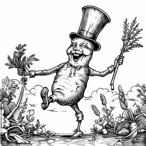 Whimsical carrot dancing with top hat and cane