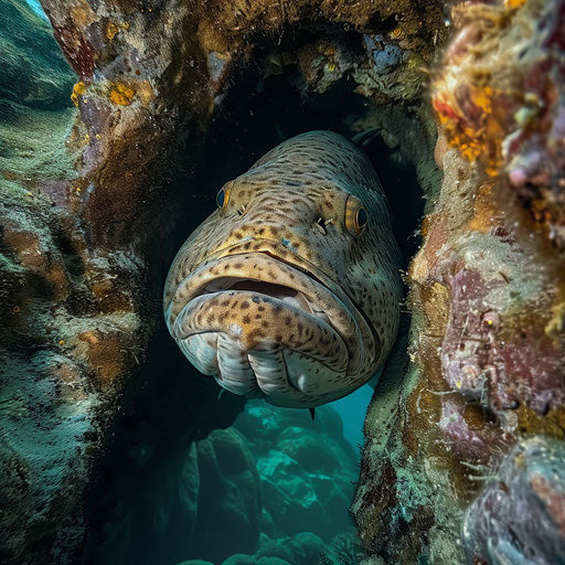 Face of a Warsaw grouper behind a large ancient underwater rock formation