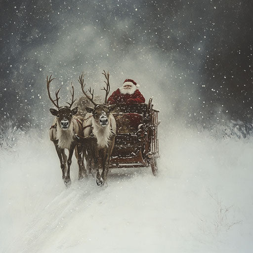 Santa's sleigh caught in a gentle snowstorm
