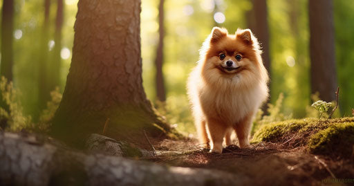 Pomeranian dog in the woods