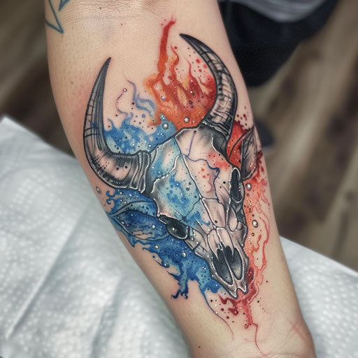 Bull skull with ice and fire theme on white canvas