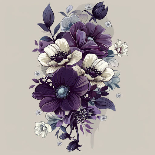Dynamic flat tattoo sketch of a cascading bouquet