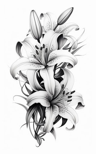 Flowers drawing | Small print lily drawing | Lily drawing, in the style of 3840x2160, classic tattoo motifs, layered composition, light gray and dark black, elongated, organic designs, biblical motifs 5:8