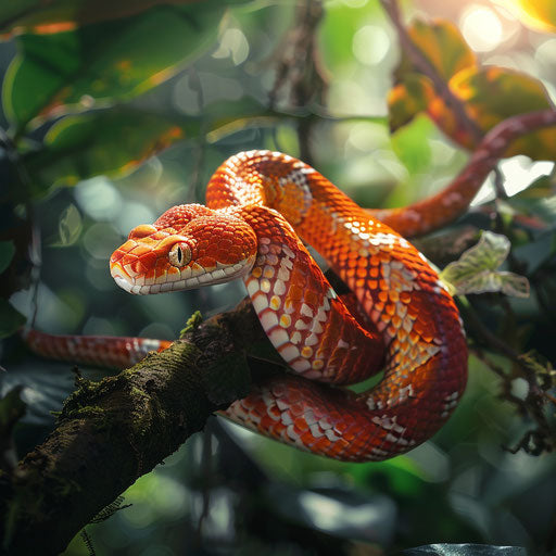 Corn snake coiled around a branch with sunlight filtering through leaves