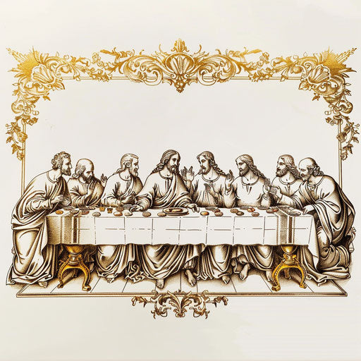 The Last Supper in sophisticated flat tattoo style with gold foil