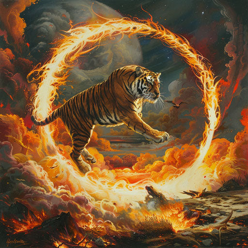Tiger leaping through a ring of fire in a surreal dreamlike landscape