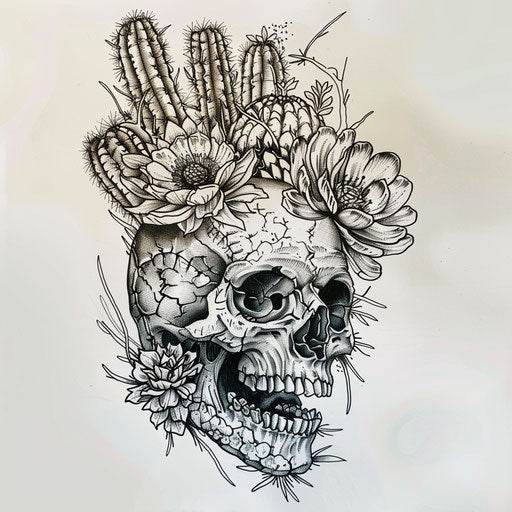 Nature-inspired flat tattoo sketch of a Calavera with cacti and desert flora elements