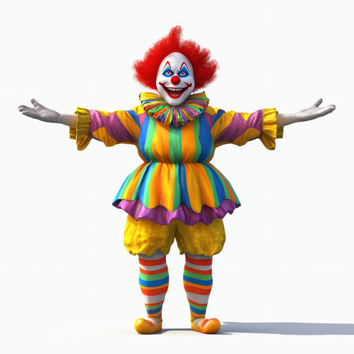 3D Clown in Photorealistic Style on Flat White Background, Isolated Clipart