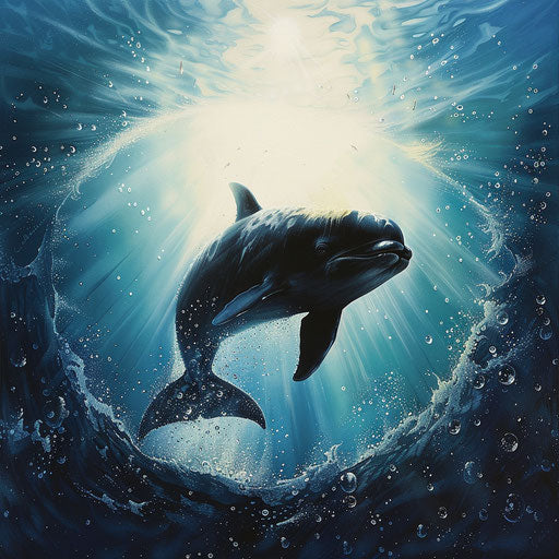 Vaquita porpoise diving deep into the sea, surrounded by a swirl of bubbles in the sunlit waters