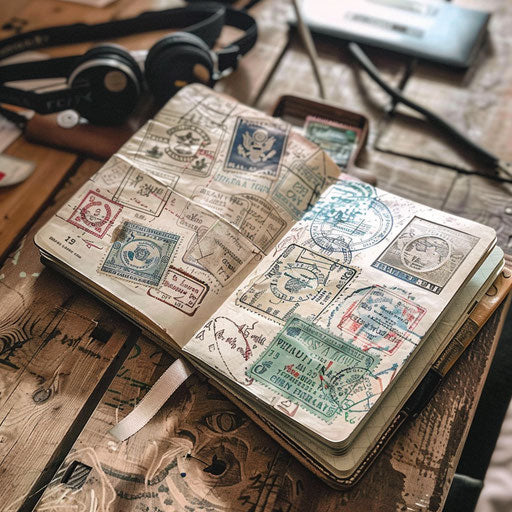 Stylish tattoo sketch of an open passport with exotic stamps