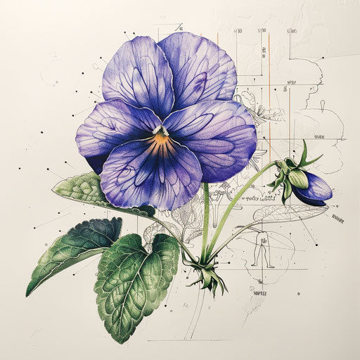 Botanical drawing of a violet flower tattoo with scientific labels and a touch of realism, on white background