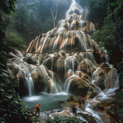 Sticky Waterfall in Thailand with adventurous hikers