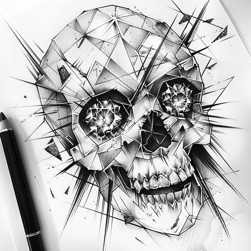 Edgy sparkle tattoo sketch of a skull with glittering diamond eyes in monochrome