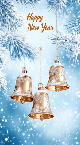 Three golden bells on snowy branches in icy blue sky