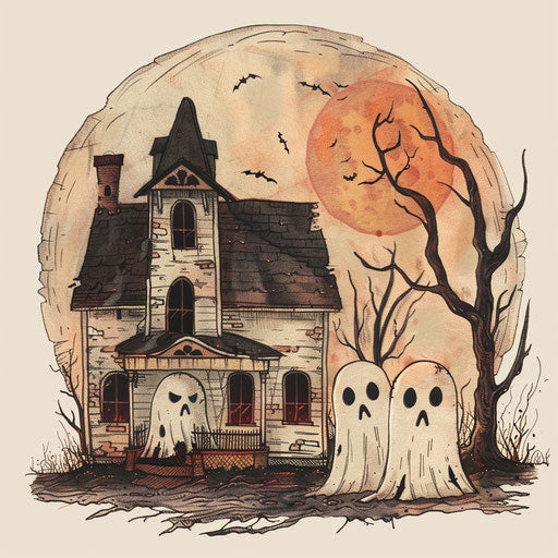 Eerie haunted house sketch with ghosts, muted colors