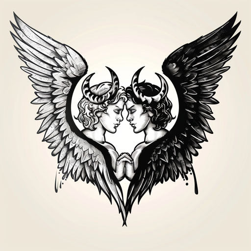 Nostalgic flat tattoo sketch of an angel and devil