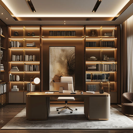 Stylish home office with large desk and bookshelves