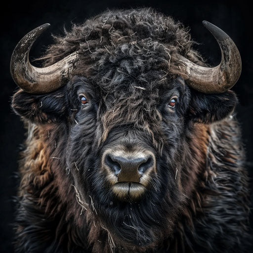 Expressive portrait of musk ox with detailed fur
