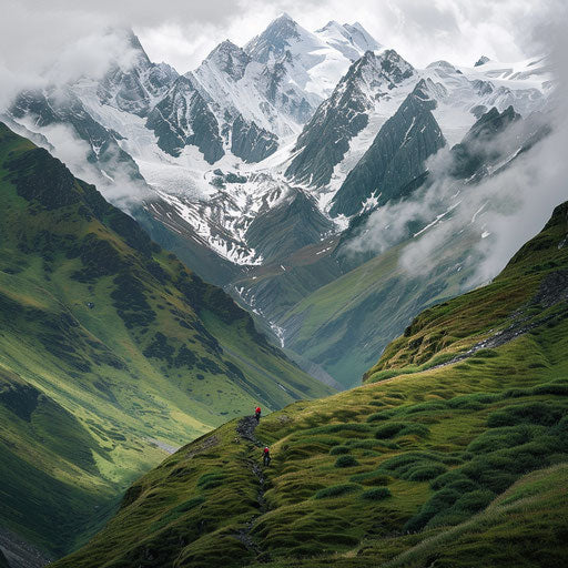 Mountain exploration with climbers in the style of Jimmy Chin