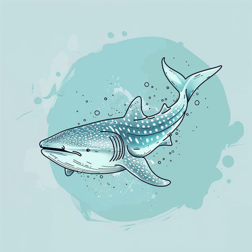 Flat tattoo sketch of a whale shark with minimalist outline on soft blue background