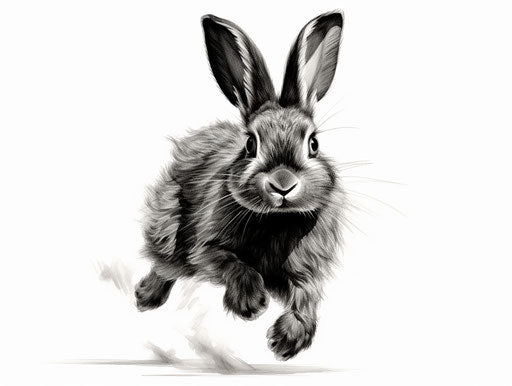 Black and white drawing of a black and white rabbit running