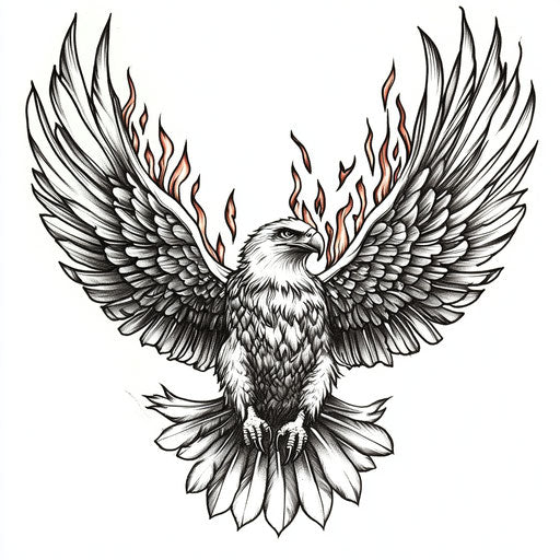 Flat tattoo sketch of eagle chest tattoo with flames