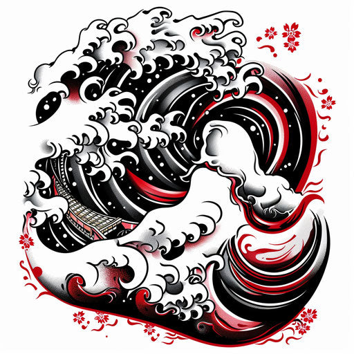 Clipart style tattoo sketch of a Japanese wave with traditional patterns in bold reds