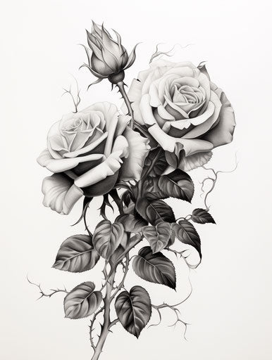 Black and white roses in pencil, airbrushed artistic style