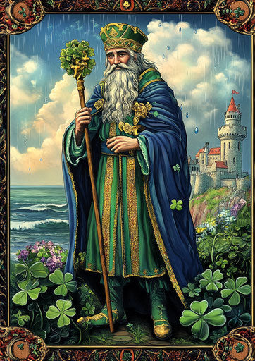The saint in green and blue robes by an Irish castle