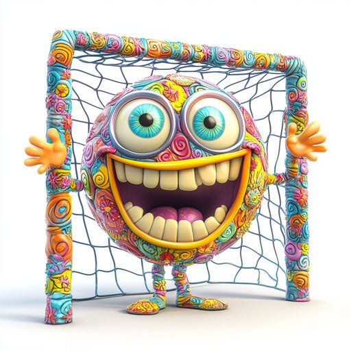Humorous caricature of a soccer goal with human characteristics