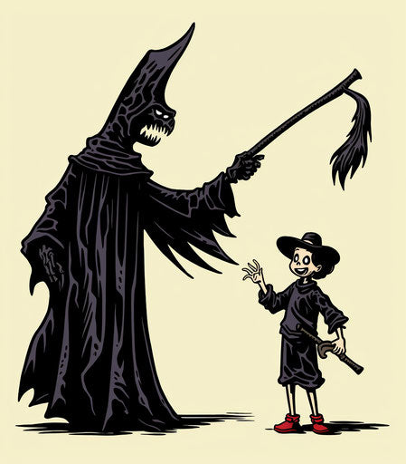 Black witch & boy with scythe, witty cartoon style, made of all above