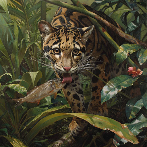Bornean clouded leopard with a fresh catch